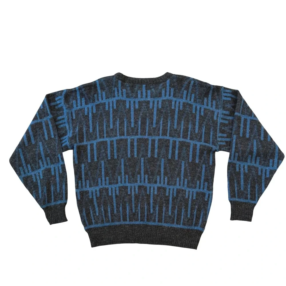 Vintage 80s Peter England Geometric Grandpa Sweater M Black Blue Wool Blend Knit